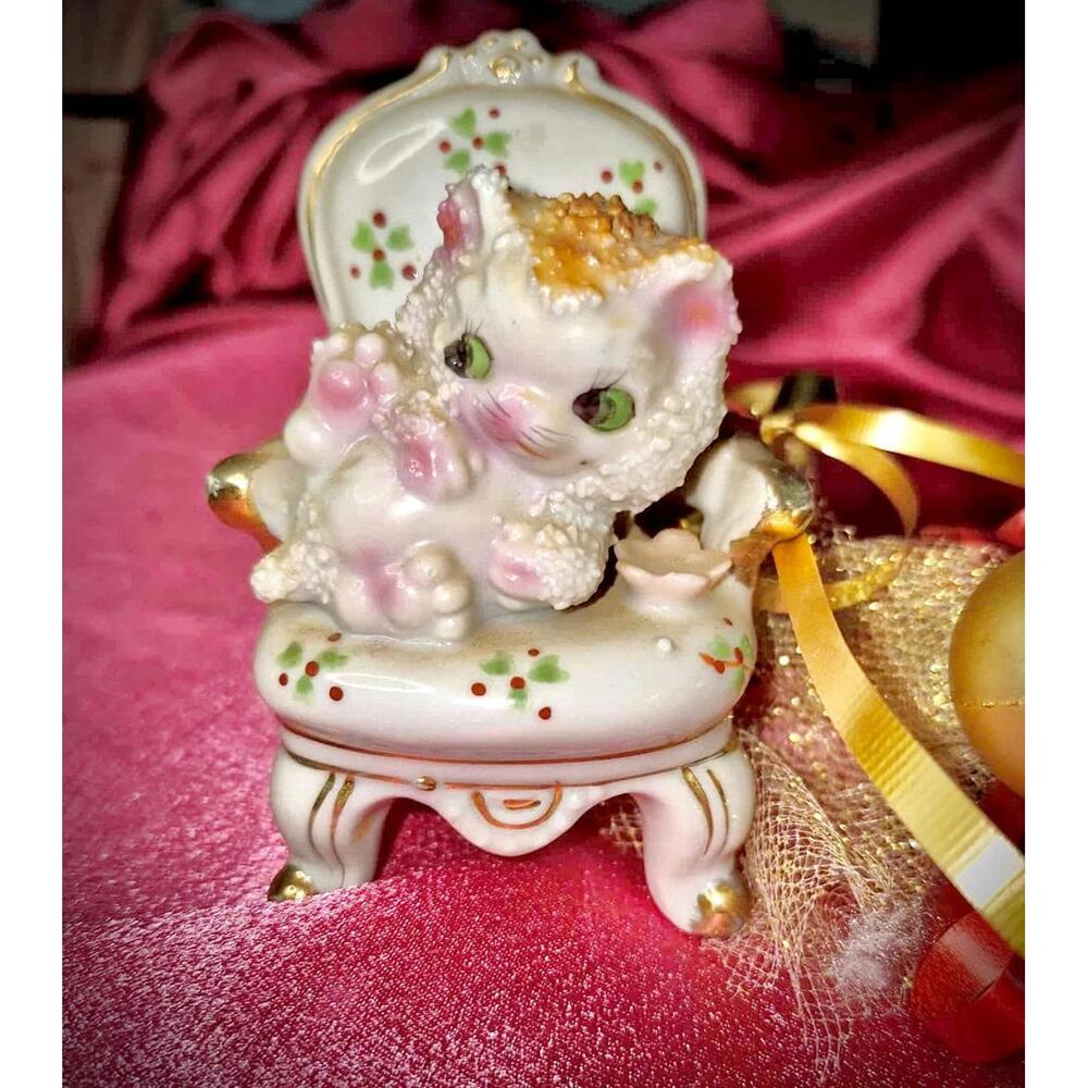 Cute Vintage MCM Cat Sugared Figurine Sugar Trim Kitty In Holly Berry Throne